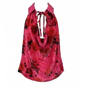 Free People Pink Velvet Burnout Rose Collared Halter Top Blouse M